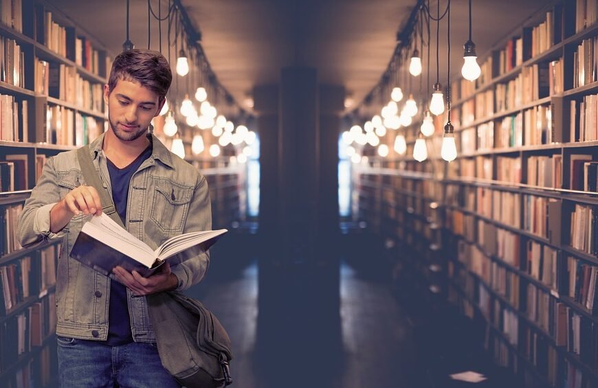 college student, library, books