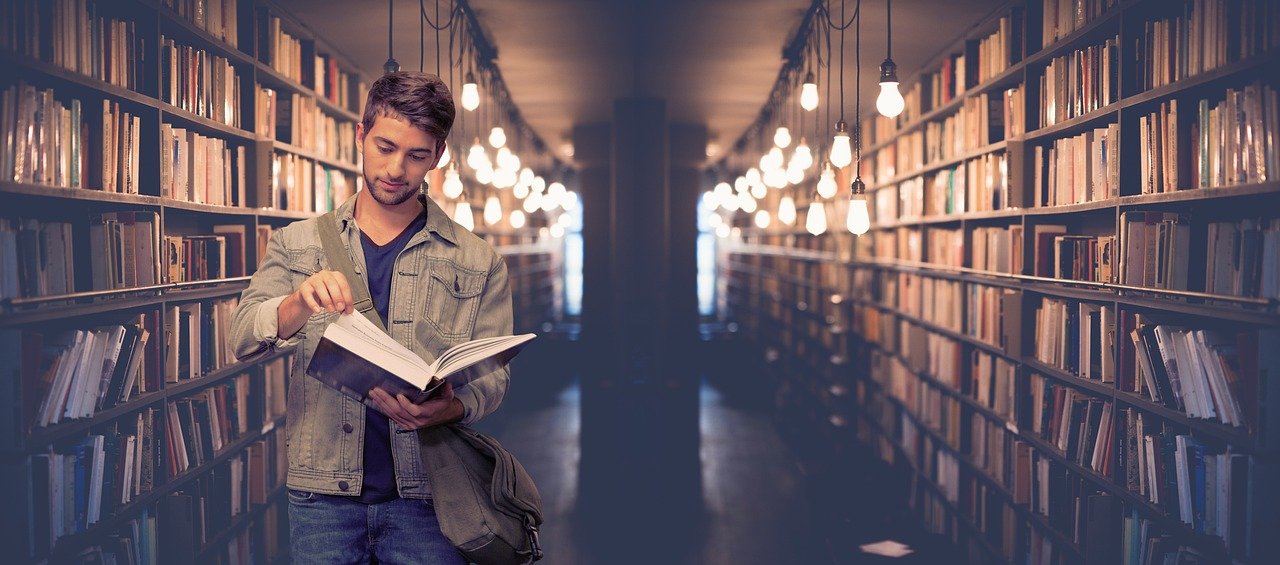 college student, library, books