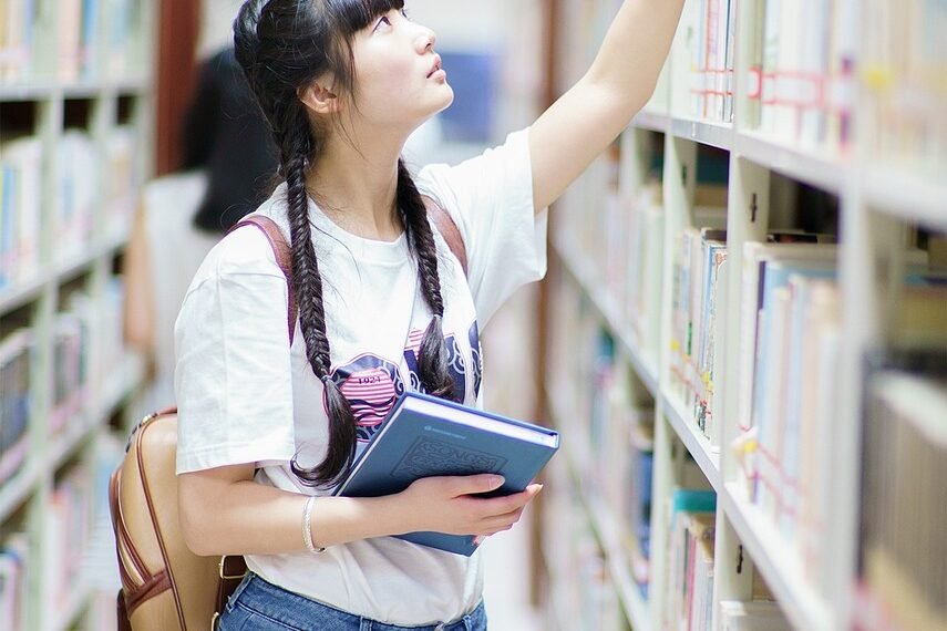 girl, library, university