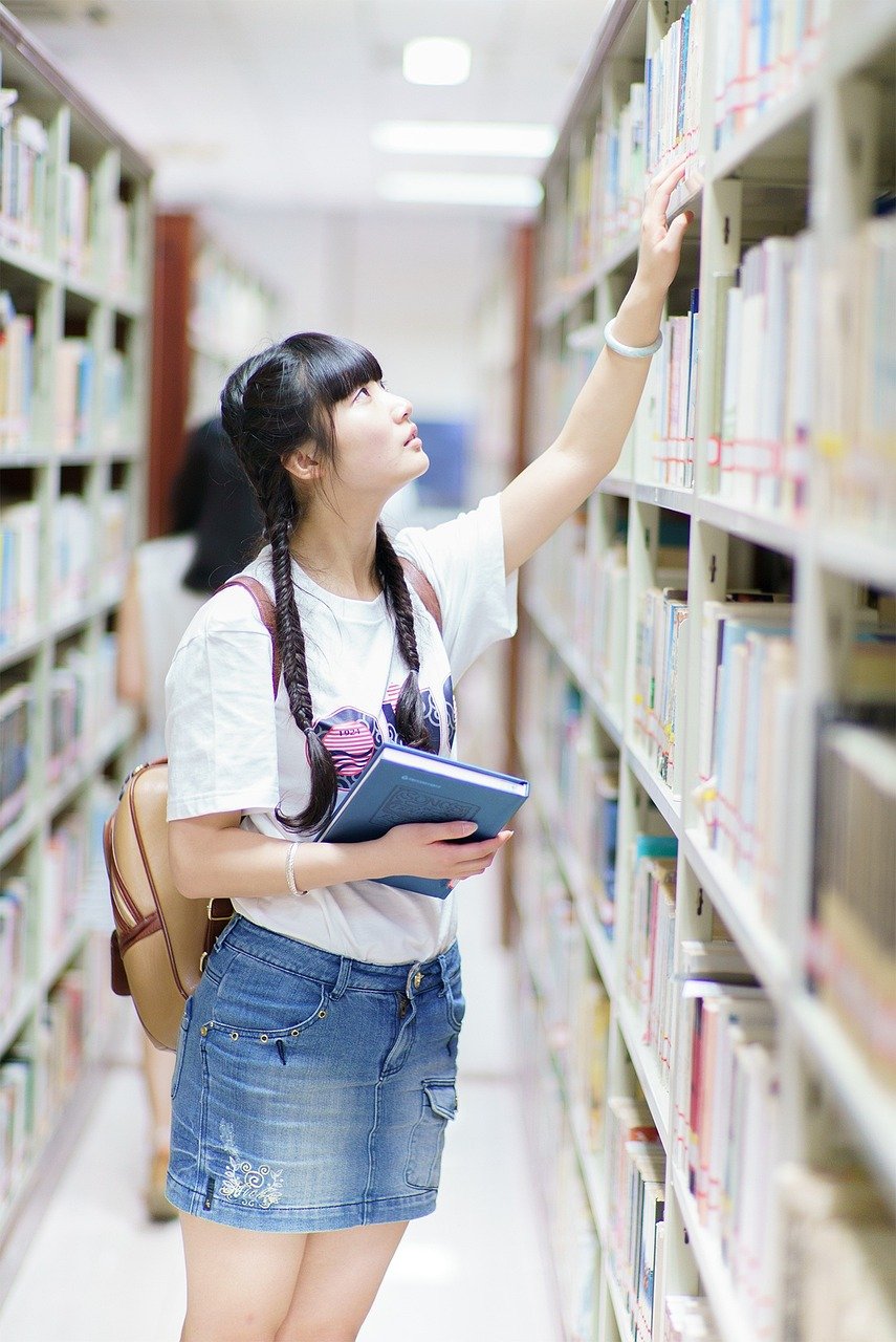 girl, library, university