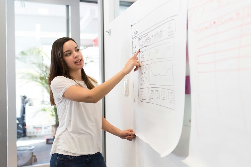 Confident young woman presenting a design on a whiteboard in a modern workspace.