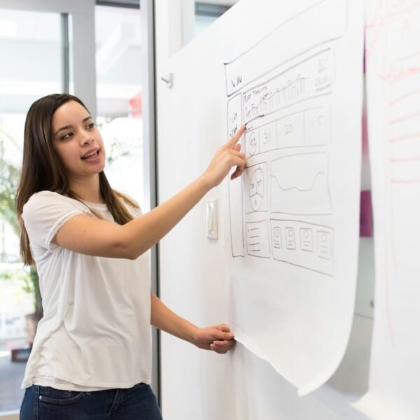 Confident young woman presenting a design on a whiteboard in a modern workspace.