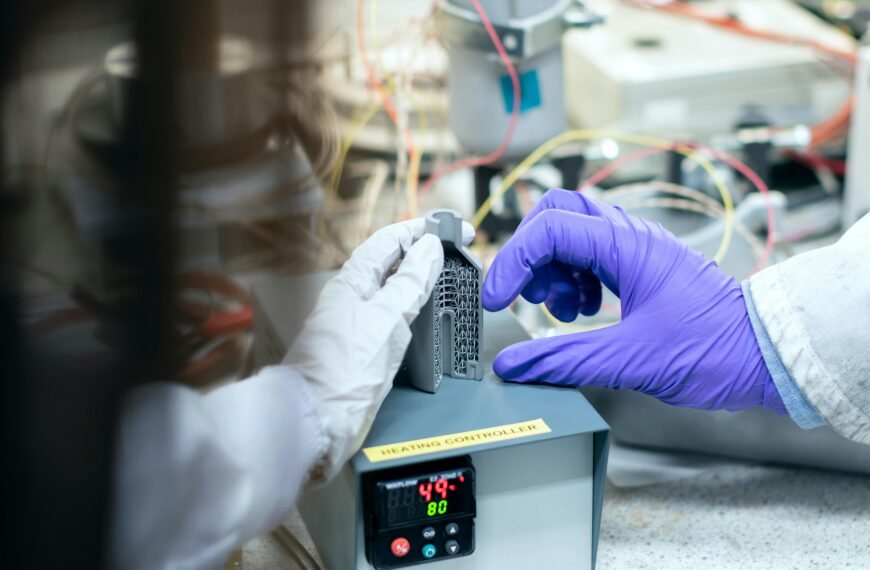 Scientist testing materials in a laboratory setting for clean energy solutions.